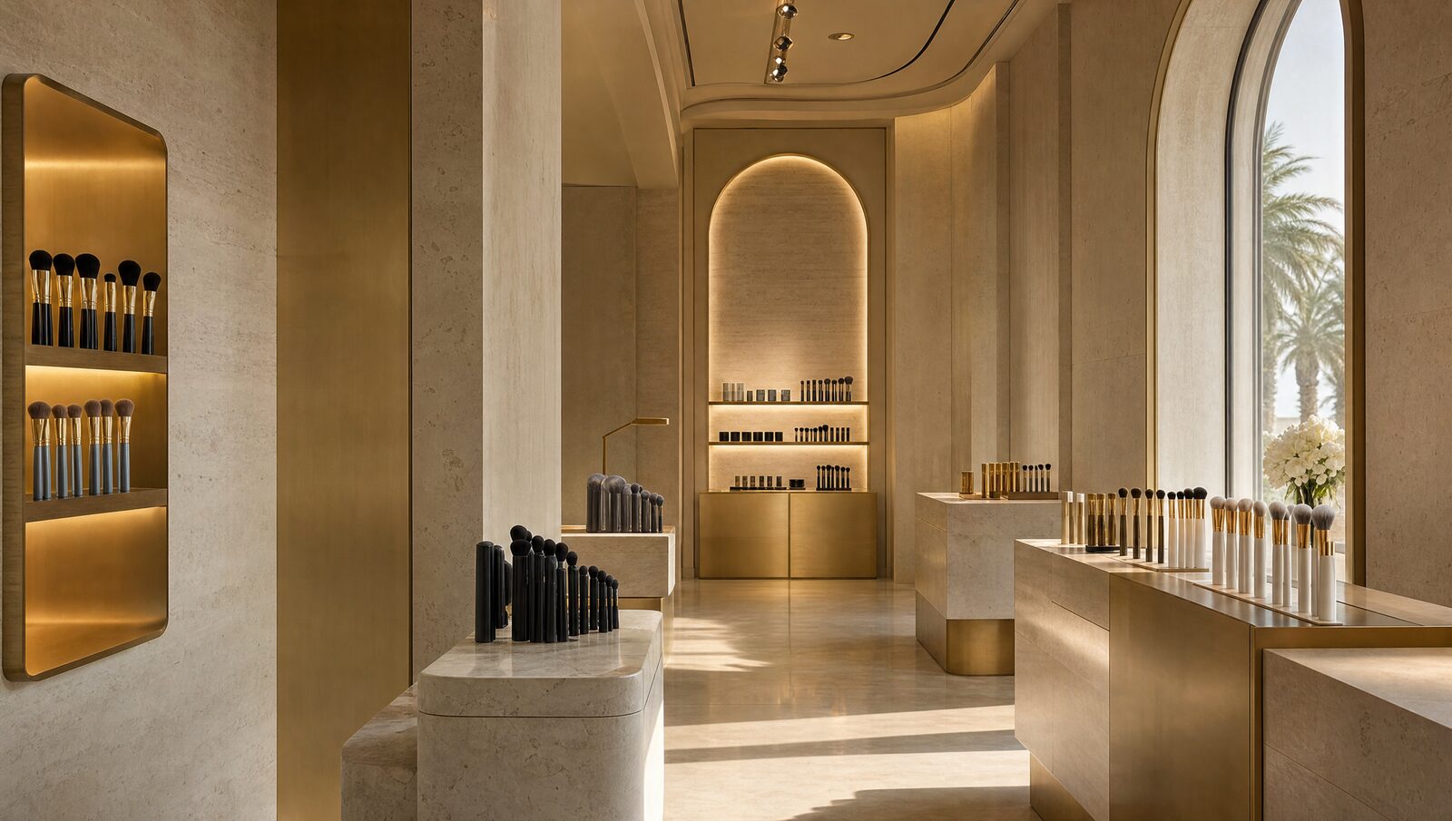 Concept visualisation of the House of Aetheria boutique in ivory travertine and gold