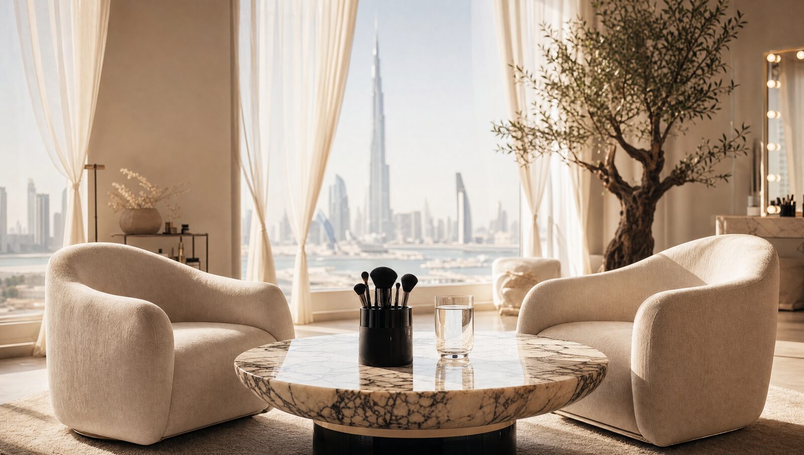 Concept visualisation of the atelier lounge with the Dubai skyline