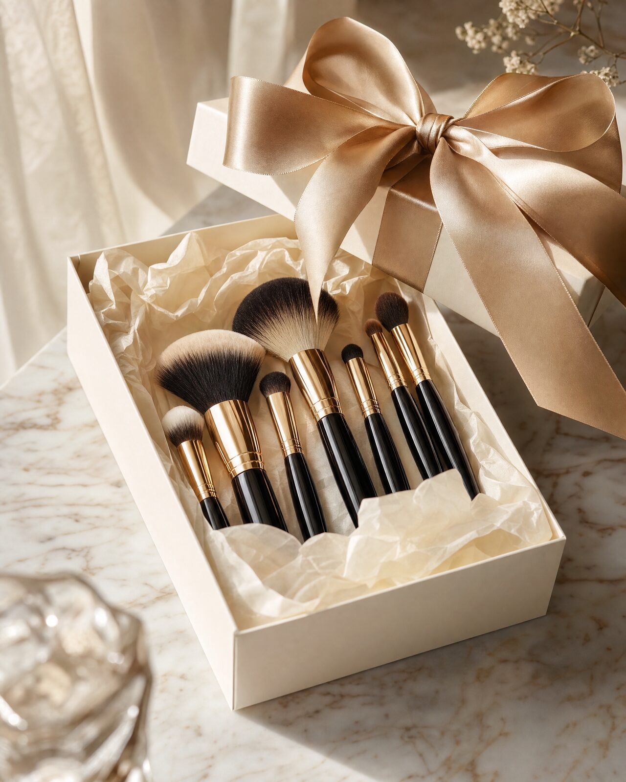 Ivory gift box with a champagne ribbon revealing black-handled brushes
