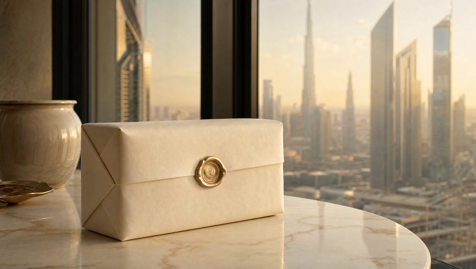 Ivory parcel with a gold wax seal by a window over the Dubai skyline